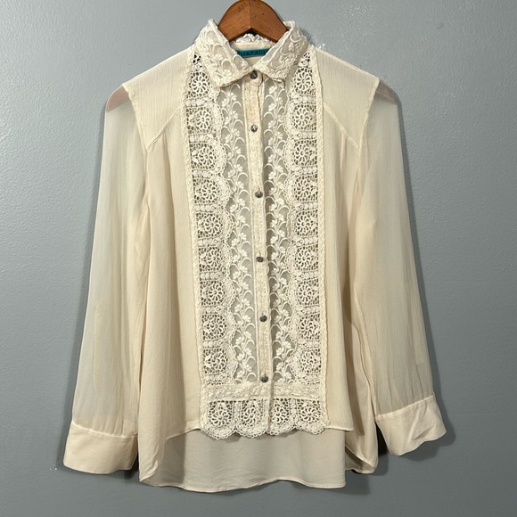 Alice + Olivia Mock Silk Cream Color Neck Long Sleeve Blouse Shirt Size: Small - Picture 1 of 16